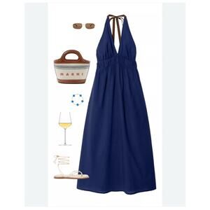 Xirena Mollie Maxi Halter Dress V-Neck Cotton Gauze Navy Blue Empire Waist Sz M